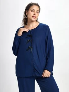 Slumbrini Plus Size Women Knitted Ribbed Fleece Bow Decor Ruffle Trim Casual Lounge Set, Long Sleeve Top And Pants - Blue - View 7