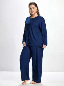 Slumbrini Plus Size Women Knitted Ribbed Fleece Bow Decor Ruffle Trim Casual Lounge Set, Long Sleeve Top And Pants - Blue - View 5