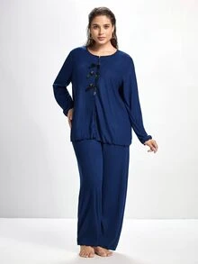 Slumbrini Plus Size Women Knitted Ribbed Fleece Bow Decor Ruffle Trim Casual Lounge Set, Long Sleeve Top And Pants - Blue - View 1