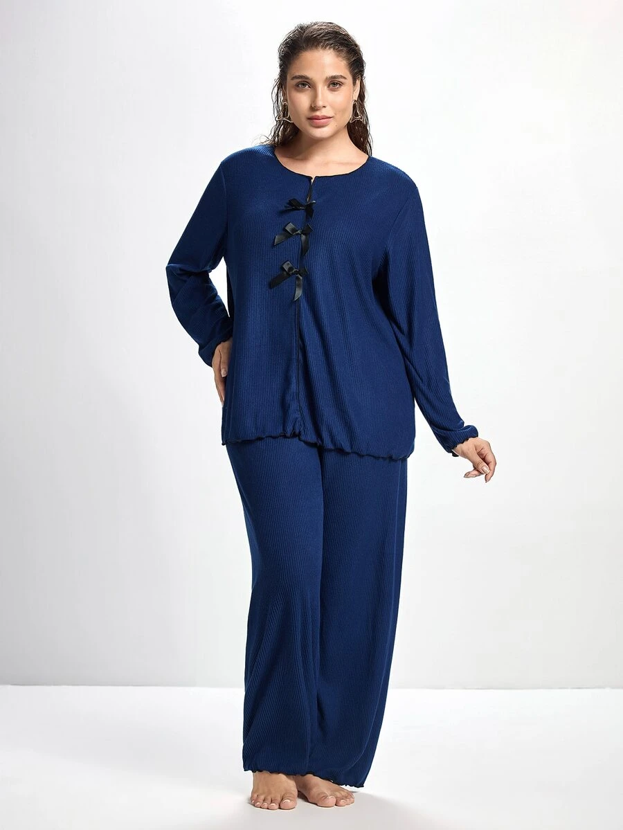 Slumbrini Plus Size Women Knitted Ribbed Fleece Bow Decor Ruffle Trim Casual Lounge Set, Long Sleeve Top And Pants - Blue - View 1