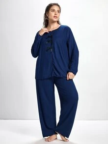 Slumbrini Plus Size Women Knitted Ribbed Fleece Bow Decor Ruffle Trim Casual Lounge Set, Long Sleeve Top And Pants - Blue - View 4