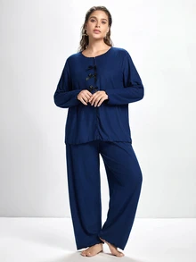 Slumbrini Plus Size Women Knitted Ribbed Fleece Bow Decor Ruffle Trim Casual Lounge Set, Long Sleeve Top And Pants - Blue - View 3