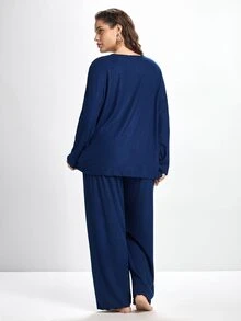 Slumbrini Plus Size Women Knitted Ribbed Fleece Bow Decor Ruffle Trim Casual Lounge Set, Long Sleeve Top And Pants - Blue - View 2