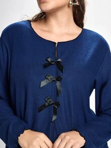 Slumbrini Plus Size Women Knitted Ribbed Fleece Bow Decor Ruffle Trim Casual Lounge Set, Long Sleeve Top And Pants - Blue - View 8