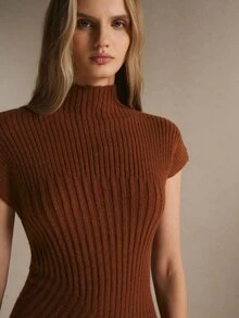 Poéselle Women's Rust Brown Ribbed Knit Sweater Dress –Mock-Neck Short-Sleeve Bodycon Midi Dress With Asymmetrical Hem Fall/Winter Elegant Dresses Work Outfit - Chocolate Brown - View 4