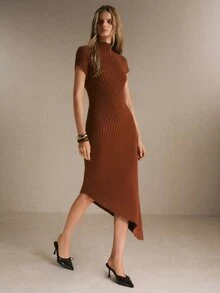 Poéselle Women's Rust Brown Ribbed Knit Sweater Dress –Mock-Neck Short-Sleeve Bodycon Midi Dress With Asymmetrical Hem Fall/Winter Elegant Dresses Work Outfit - Chocolate Brown - View 6