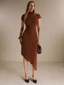 Poéselle Women's Rust Brown Ribbed Knit Sweater Dress –Mock-Neck Short-Sleeve Bodycon Midi Dress With Asymmetrical Hem Fall/Winter Elegant Dresses Work Outfit - Chocolate Brown - View 5