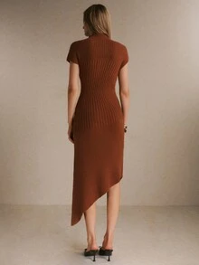 Poéselle Women's Rust Brown Ribbed Knit Sweater Dress –Mock-Neck Short-Sleeve Bodycon Midi Dress With Asymmetrical Hem Fall/Winter Elegant Dresses Work Outfit - Chocolate Brown - View 7