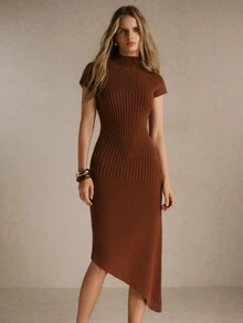 Poéselle Women's Rust Brown Ribbed Knit Sweater Dress –Mock-Neck Short-Sleeve Bodycon Midi Dress With Asymmetrical Hem Fall/Winter Elegant Dresses Work Outfit - Chocolate Brown - View 1