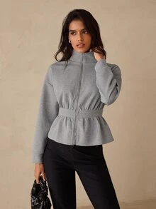 Glamine Women's Grey Zipper Stand Collar Cinched Waist Short Sweatshirt Jacket, Long Sleeve Drop Shoulder Ruffle Hem Solid Color Casual Sporty Outerwear, Fall - Grey - View 7