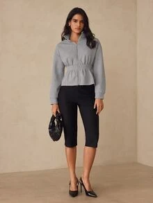 Glamine Women's Grey Zipper Stand Collar Cinched Waist Short Sweatshirt Jacket, Long Sleeve Drop Shoulder Ruffle Hem Solid Color Casual Sporty Outerwear, Fall - Grey - View 4