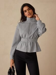 Glamine Women's Grey Zipper Stand Collar Cinched Waist Short Sweatshirt Jacket, Long Sleeve Drop Shoulder Ruffle Hem Solid Color Casual Sporty Outerwear, Fall - Grey - View 8