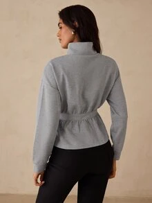 Glamine Women's Grey Zipper Stand Collar Cinched Waist Short Sweatshirt Jacket, Long Sleeve Drop Shoulder Ruffle Hem Solid Color Casual Sporty Outerwear, Fall - Grey - View 3