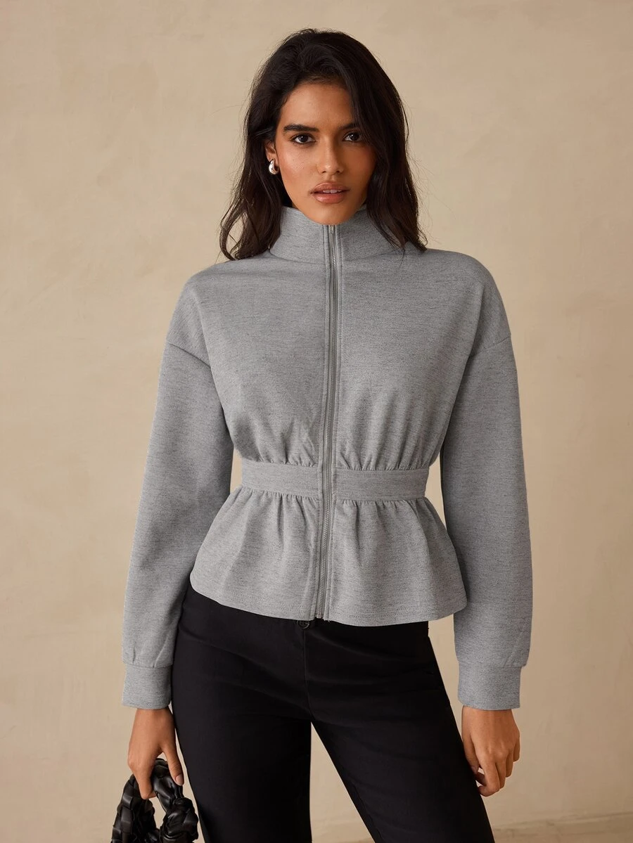 Glamine Women's Grey Zipper Stand Collar Cinched Waist Short Sweatshirt Jacket, Long Sleeve Drop Shoulder Ruffle Hem Solid Color Casual Sporty Outerwear, Fall