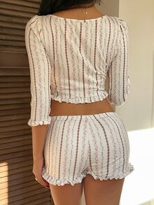 CovetEZ Set Atasan Wanita Manis dengan Pita dan Celana Pendek Motif Bunga - Berwarna merah muda - View 8