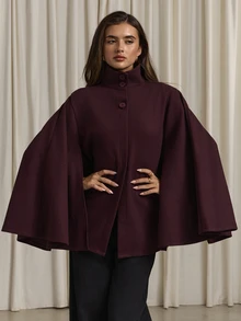 Aloruh Women's Elegant Business Commute Purple-Red Cape Overcoat, Old Money Style, Graceful Minimalist Jacket,Autumn,Winter - Red Violet - View 3