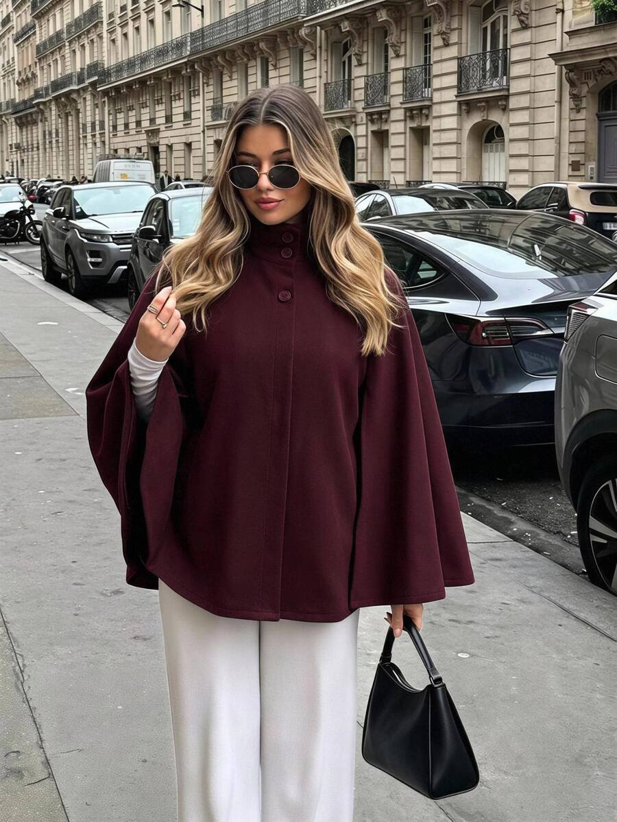 Aloruh Women's Elegant Business Commute Purple-Red Cape Overcoat, Old Money Style, Graceful Minimalist Jacket,Autumn,Winter - Red Violet - View 1