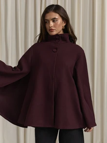 Aloruh Women's Elegant Business Commute Purple-Red Cape Overcoat, Old Money Style, Graceful Minimalist Jacket,Autumn,Winter - Red Violet - View 5