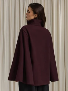 Aloruh Women's Elegant Business Commute Purple-Red Cape Overcoat, Old Money Style, Graceful Minimalist Jacket,Autumn,Winter - Red Violet - View 2