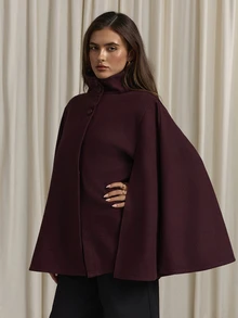 Aloruh Women's Elegant Business Commute Purple-Red Cape Overcoat, Old Money Style, Graceful Minimalist Jacket,Autumn,Winter - Red Violet - View 6