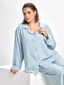 Slumbrini Plus Size Bubble Crinkle Polka Dot Print Lapel Long Sleeve Top & Pants PJS , Fall & Winter Clothes Women Plus Pajamas Plus Size Sleep Wear - Blue - View 4