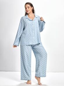 Slumbrini Plus Size Bubble Crinkle Polka Dot Print Lapel Long Sleeve Top & Pants PJS , Fall & Winter Clothes Women Plus Pajamas Plus Size Sleep Wear - Blue - View 7