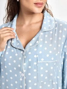 Slumbrini Plus Size Bubble Crinkle Polka Dot Print Lapel Long Sleeve Top & Pants PJS , Fall & Winter Clothes Women Plus Pajamas Plus Size Sleep Wear - Blue - View 3