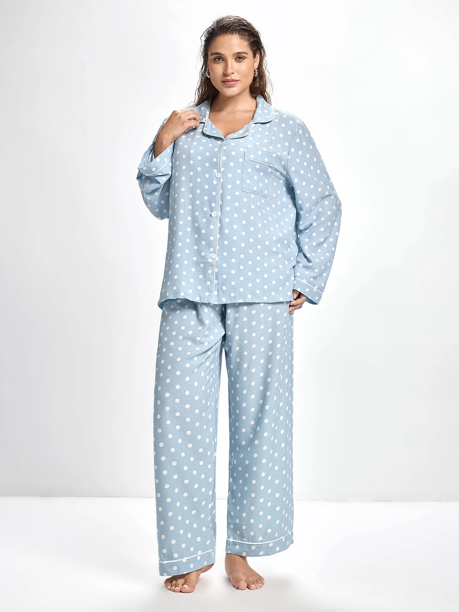 Slumbrini Plus Size Bubble Crinkle Polka Dot Print Lapel Long Sleeve Top & Pants PJS , Fall & Winter Clothes Women Plus Pajamas Plus Size Sleep Wear - Blue - View 1
