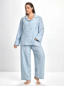 Slumbrini Plus Size Bubble Crinkle Polka Dot Print Lapel Long Sleeve Top & Pants PJS , Fall & Winter Clothes Women Plus Pajamas Plus Size Sleep Wear - Blue - View 8