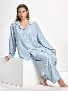Slumbrini Plus Size Bubble Crinkle Polka Dot Print Lapel Long Sleeve Top & Pants PJS , Fall & Winter Clothes Women Plus Pajamas Plus Size Sleep Wear - Blue - View 5