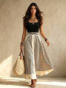 OPHERINE Women's Printed Sleeveless Dress, Black And White Patchwork, Casual Holiday Style - Multicolor - View 1