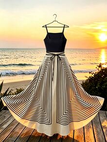 OPHERINE Women's Printed Sleeveless Dress, Black And White Patchwork, Casual Holiday Style - Multicolor - View 4