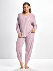 Slumbrini Plus Size Knit Ribbed V-Neck Long Sleeve Top & Pants Pajama Set, Winter Clothes - Mauve Purple - View 8