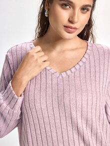 Slumbrini Plus Size Knit Ribbed V-Neck Long Sleeve Top & Pants Pajama Set, Winter Clothes - Mauve Purple - View 3
