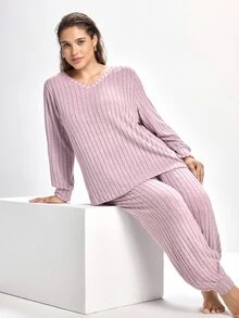 Slumbrini Plus Size Knit Ribbed V-Neck Long Sleeve Top & Pants Pajama Set, Winter Clothes - Mauve Purple - View 5