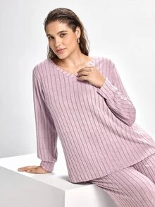Slumbrini Plus Size Knit Ribbed V-Neck Long Sleeve Top & Pants Pajama Set, Winter Clothes - Mauve Purple - View 4