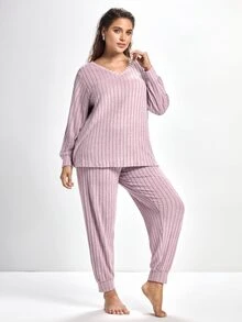 Slumbrini Plus Size Knit Ribbed V-Neck Long Sleeve Top & Pants Pajama Set, Winter Clothes - Mauve Purple - View 1