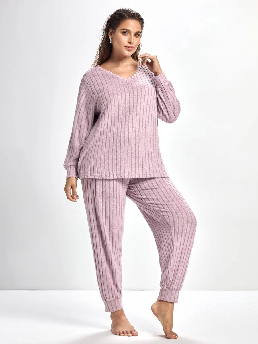 Slumbrini Plus Size Knit Ribbed V-Neck Long Sleeve Top & Pants Pajama Set, Winter Clothes - Mauve Purple - View 1