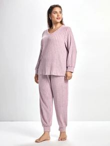 Slumbrini Plus Size Knit Ribbed V-Neck Long Sleeve Top & Pants Pajama Set, Winter Clothes - Mauve Purple - View 6
