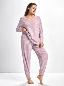 Slumbrini Plus Size Knit Ribbed V-Neck Long Sleeve Top & Pants Pajama Set, Winter Clothes - Mauve Purple - View 7