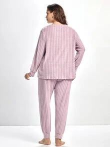 Slumbrini Plus Size Knit Ribbed V-Neck Long Sleeve Top & Pants Pajama Set, Winter Clothes - Mauve Purple - View 2