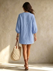 OPHERINE Autumn New Women's Embroidered Dress, Elegant Vacation Dress - Blue - View 2