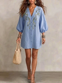 OPHERINE Autumn New Women's Embroidered Dress, Elegant Vacation Dress - Blue - View 6