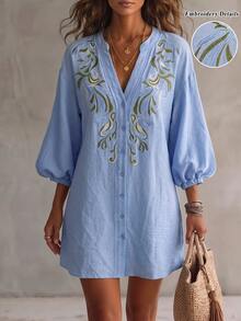 OPHERINE Autumn New Women's Embroidered Dress, Elegant Vacation Dress - Blue - View 3