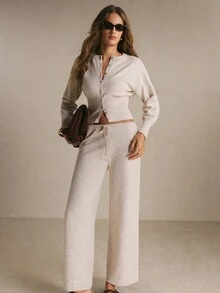 Poéselle Women's Oatmeal Knit Two-Piece Set – Slim-Waist Button-Front Cardigan And Drawstring Wide-Leg Pants Matching Co-Ord Chic Women Fall/Winter Sets Basic - Apricot - View 4