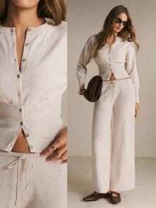 Poéselle Women's Oatmeal Knit Two-Piece Set – Slim-Waist Button-Front Cardigan And Drawstring Wide-Leg Pants Matching Co-Ord Chic Women Fall/Winter Sets Basic - Apricot - View 1
