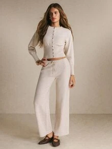 Poéselle Women's Oatmeal Knit Two-Piece Set – Slim-Waist Button-Front Cardigan And Drawstring Wide-Leg Pants Matching Co-Ord Chic Women Fall/Winter Sets Basic - Apricot - View 6