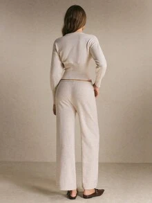 Poéselle Women's Oatmeal Knit Two-Piece Set – Slim-Waist Button-Front Cardigan And Drawstring Wide-Leg Pants Matching Co-Ord Chic Women Fall/Winter Sets Basic - Apricot - View 7