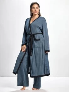 Slumbrini Plus Size Solid Cami Top & Pants & Belted Robe Set, Clothes, Cozy Outfit, Fall & Winter - Dusty Blue - View 8