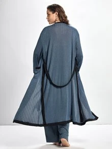 Slumbrini Plus Size Solid Cami Top & Pants & Belted Robe Set, Clothes, Cozy Outfit, Fall & Winter - Dusty Blue - View 2